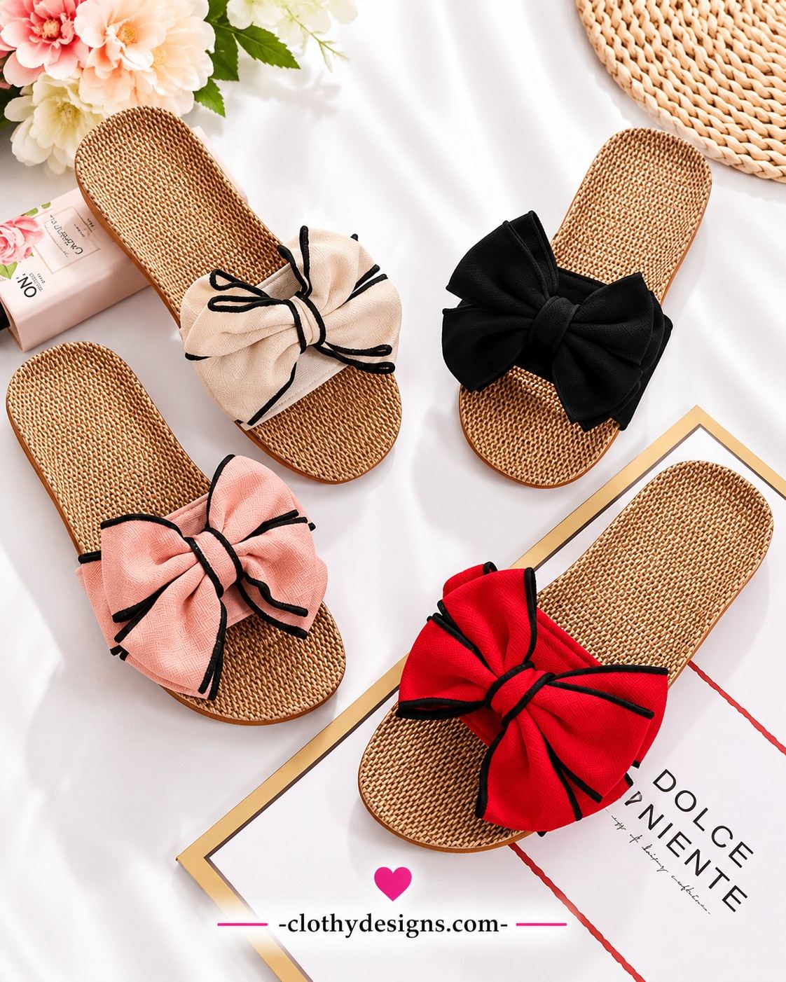 Women’s Cute Bow-Knot Linen Slippers – Soft Indoor Flat Shoes for Home